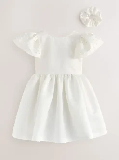 Baker by Ted Baker White Pearl Sleeve Satin Occasion Dress & Scrunchie