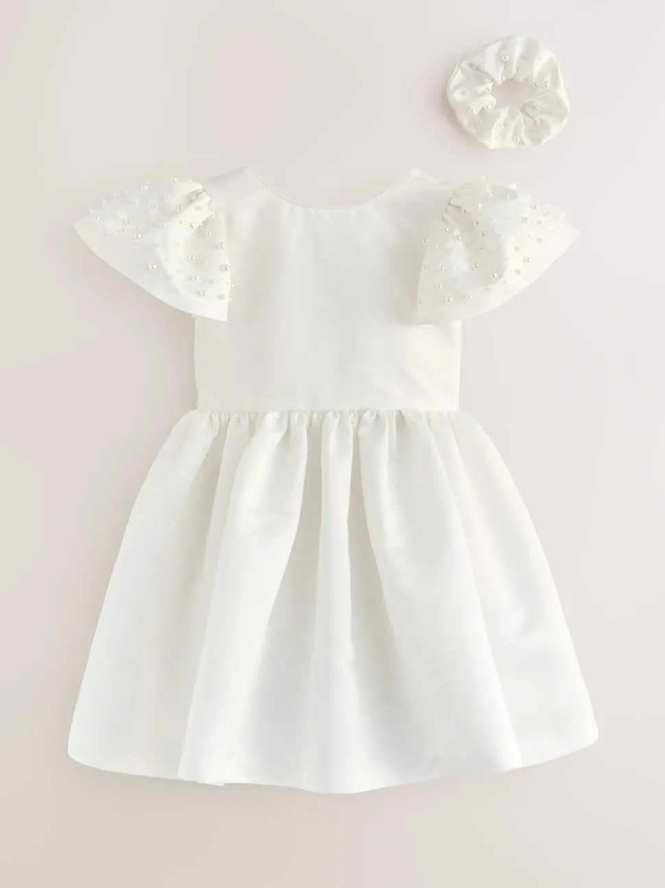 Baker by Ted Baker White Pearl Sleeve Satin Occasion Dress & Scrunchie