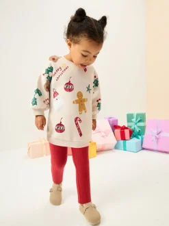 Beige/Red Christmas Print Sweatshirt & Leggings Set (3mths-7yrs)