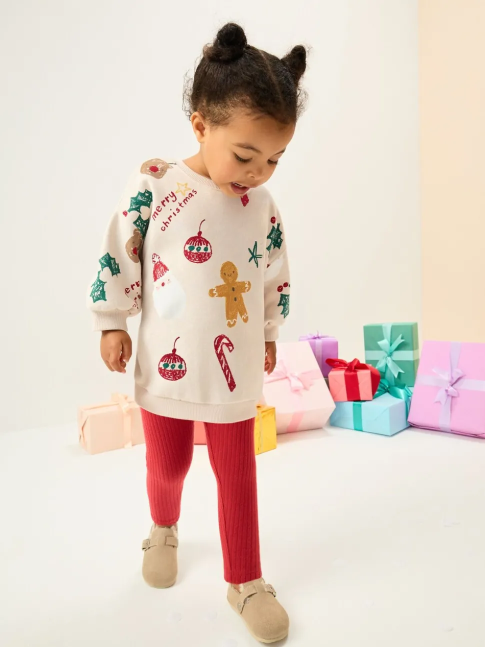 Beige/Red Christmas Print Sweatshirt & Leggings Set (3mths-7yrs)