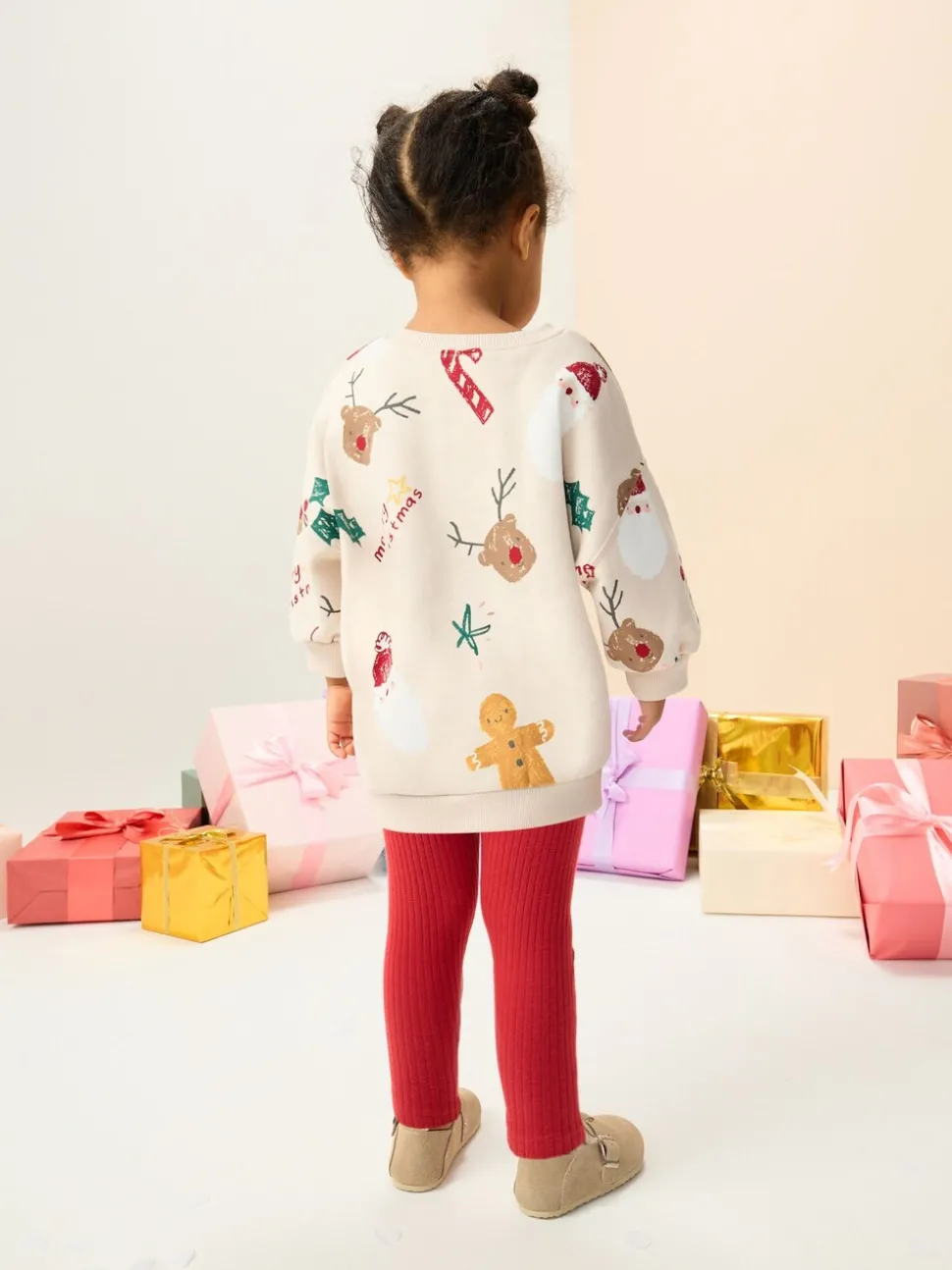 Beige/Red Christmas Print Sweatshirt & Leggings Set (3mths-7yrs)