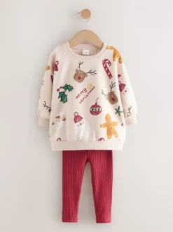 Beige/Red Christmas Print Sweatshirt & Leggings Set (3mths-7yrs)