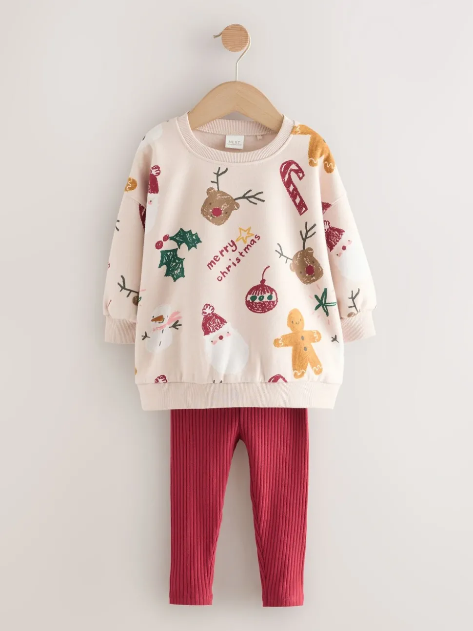 Beige/Red Christmas Print Sweatshirt & Leggings Set (3mths-7yrs)