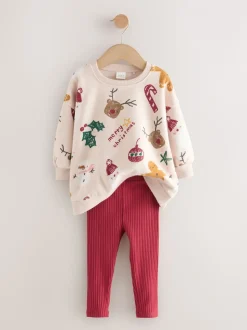 Beige/Red Christmas Print Sweatshirt & Leggings Set (3mths-7yrs)