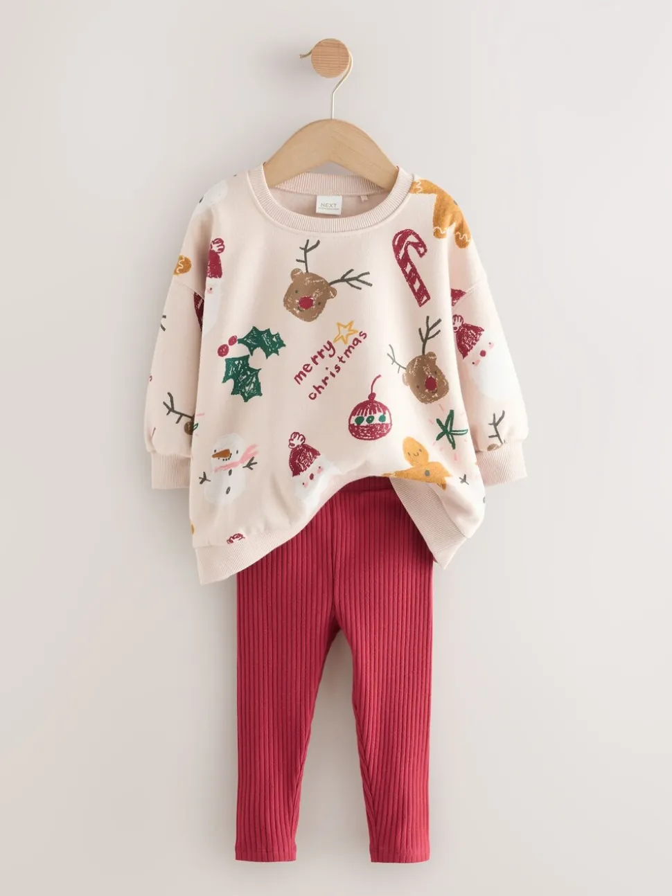 Beige/Red Christmas Print Sweatshirt & Leggings Set (3mths-7yrs)