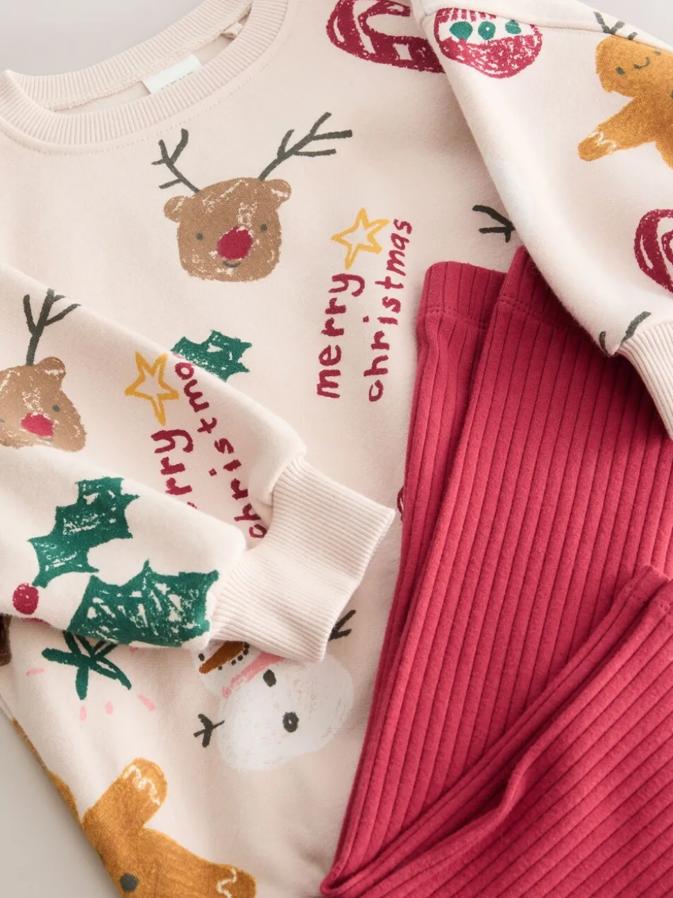 Beige/Red Christmas Print Sweatshirt & Leggings Set (3mths-7yrs)