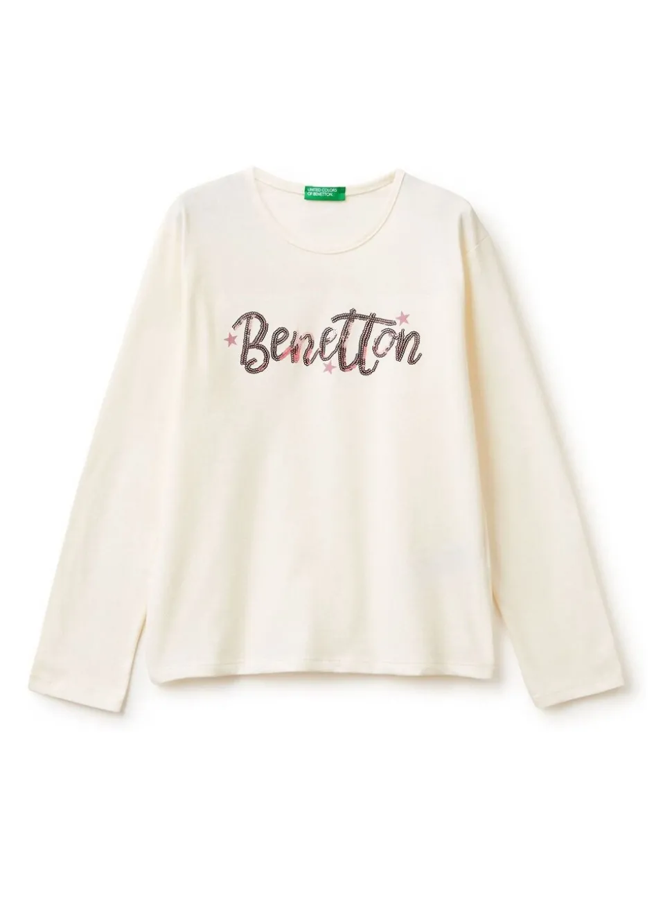 Benetton Cream Sequin Logo Long Sleeve T-Shirt