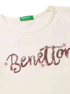 Benetton Cream Sequin Logo Long Sleeve T-Shirt