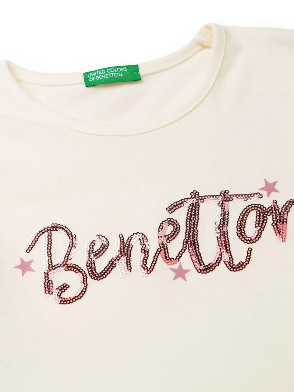Benetton Cream Sequin Logo Long Sleeve T-Shirt