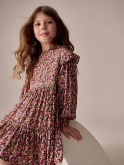 Berry Pink Ditsy Long Sleeve Ruffle Dress (3-16yrs)