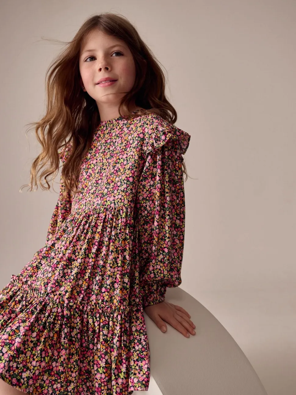 Berry Pink Ditsy Long Sleeve Ruffle Dress (3-16yrs)