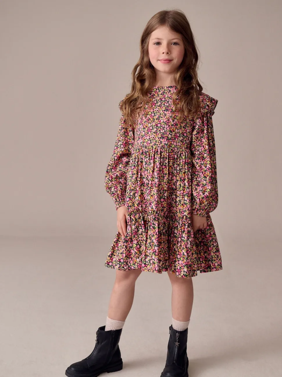 Berry Pink Ditsy Long Sleeve Ruffle Dress (3-16yrs)