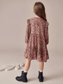 Berry Pink Ditsy Long Sleeve Ruffle Dress (3-16yrs)