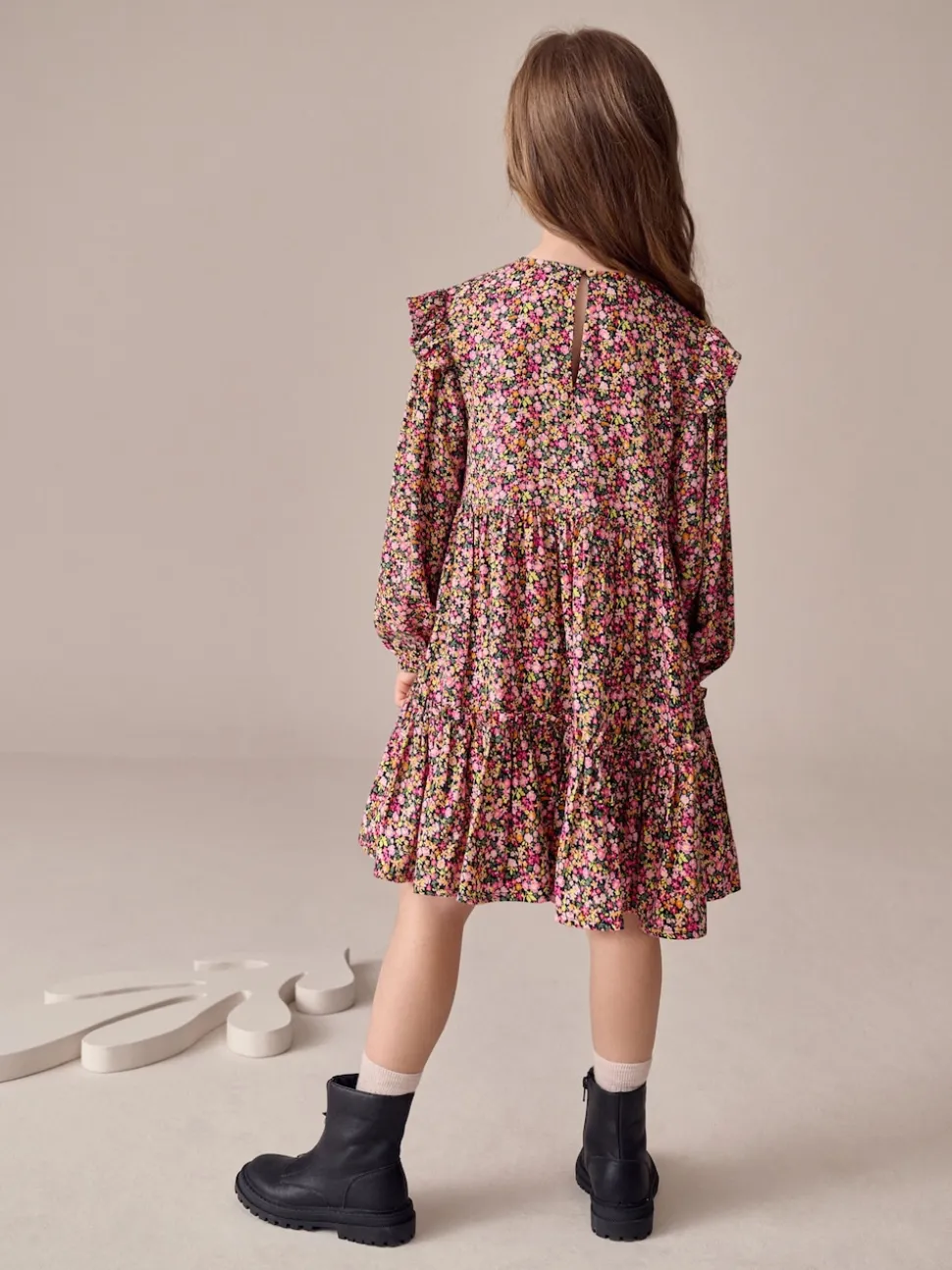 Berry Pink Ditsy Long Sleeve Ruffle Dress (3-16yrs)