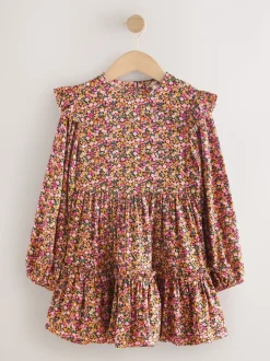 Berry Pink Ditsy Long Sleeve Ruffle Dress (3-16yrs)