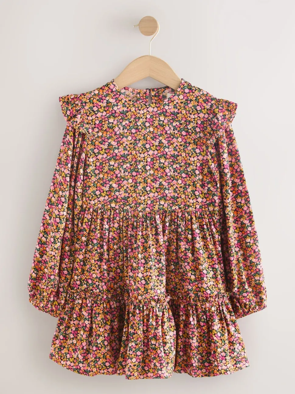 Berry Pink Ditsy Long Sleeve Ruffle Dress (3-16yrs)