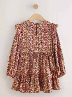 Berry Pink Ditsy Long Sleeve Ruffle Dress (3-16yrs)