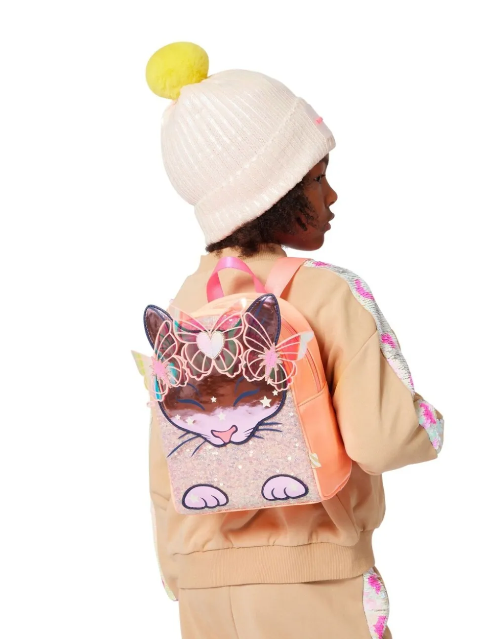 Billieblush Pink Iridescent Sparkle Logo Knitted Pom Hat