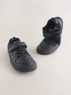 Black Barefoot Leather 1 Strap Elastic Lace School Shoes