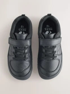 Black Barefoot Leather 1 Strap Elastic Lace School Shoes