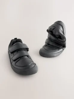 Black Barefoot Leather 2 Strap Touch Fastening School Shoes