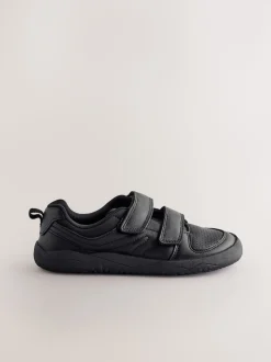 Black Barefoot Leather 2 Strap Touch Fastening School Shoes