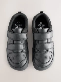 Black Barefoot Leather 2 Strap Touch Fastening School Shoes