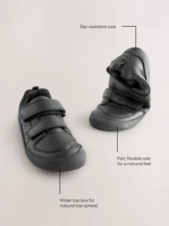 Black Barefoot Leather 2 Strap Touch Fastening School Shoes