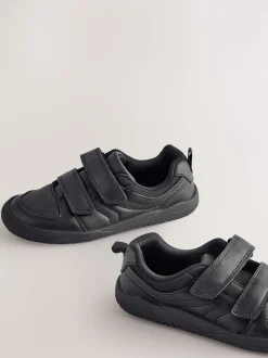 Black Barefoot Leather 2 Strap Touch Fastening School Shoes