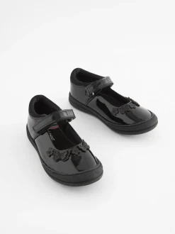 Black Butterfly Detail Wide Fit (G) Junior Leather School Mary Jane Shoes