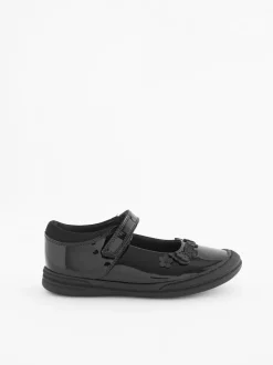 Black Butterfly Detail Wide Fit (G) Junior Leather School Mary Jane Shoes