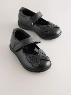 Black Butterfly Leather Mary Jane School Shoes