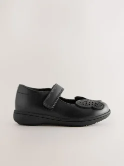 Black Butterfly Leather Mary Jane School Shoes