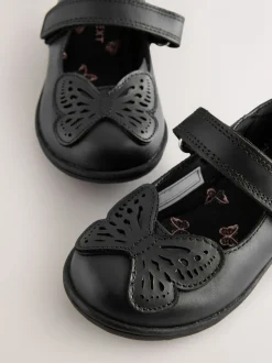 Black Butterfly Leather Mary Jane School Shoes