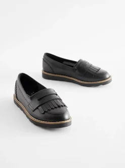Black Leather Tassel Loafer School Shoes