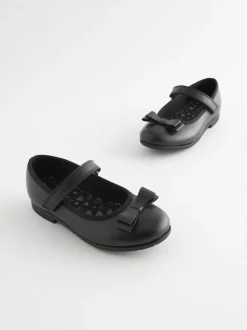 Black Matt Narrow Fit (E) School Leather Bow Mary Jane Shoes