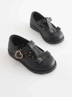 Black Matt Standard Fit (F) School Junior Bow T-Bar Shoes