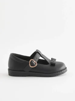 Black Matt Standard Fit (F) School Junior Bow T-Bar Shoes