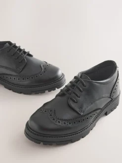 Black Matt Wide Fit (G) School Leather Chunky Lace-Up Brogues