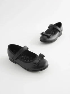 Black Matt Wide Fit (G) School Leather Bow Mary Jane Shoes