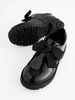 Black Patent Bow Monkstrap Chunky School Shoes