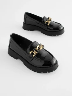 Black Patent Chunky Chain Loafer School Shoes