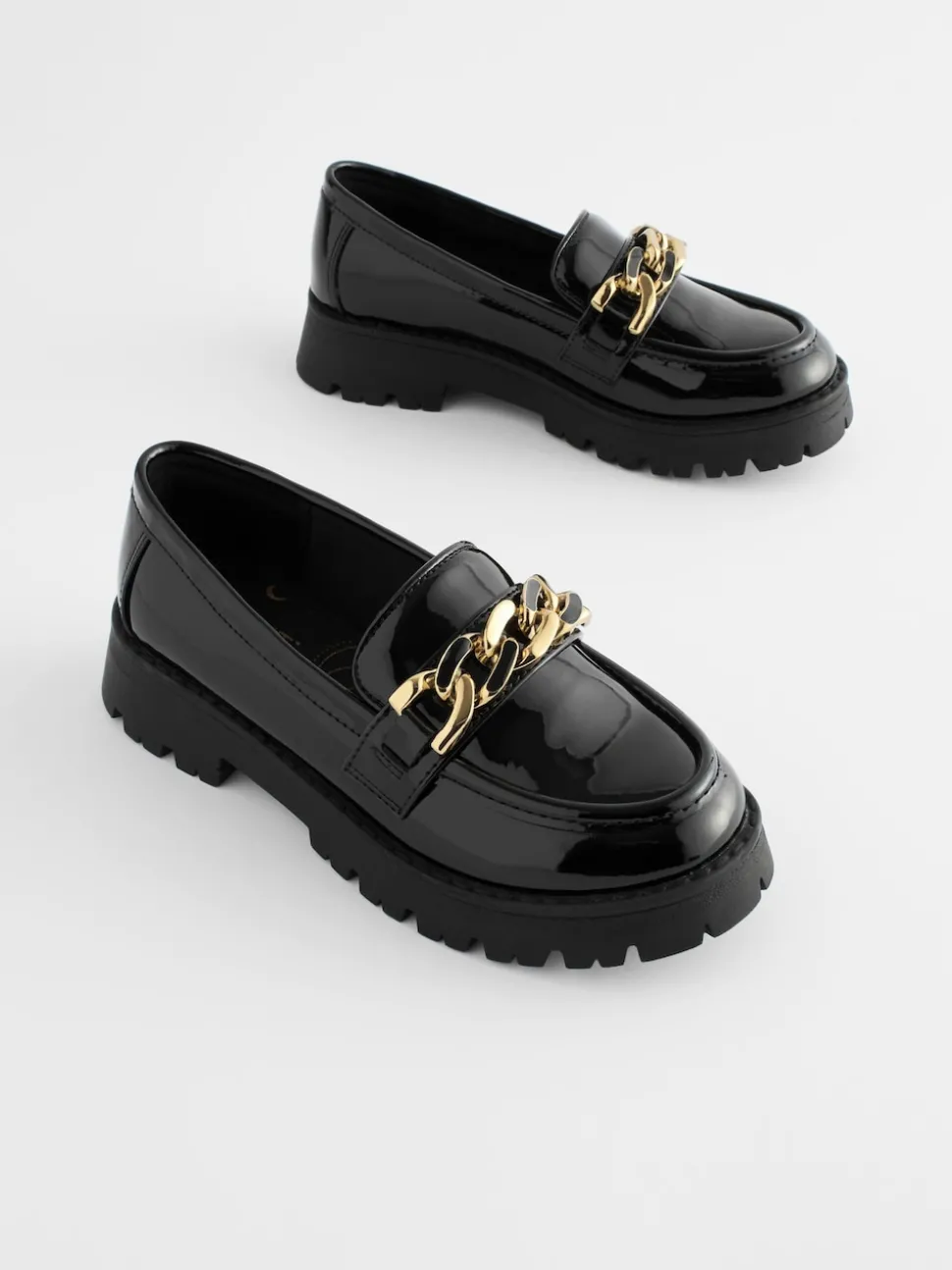 Black Patent Chunky Chain Loafer School Shoes
