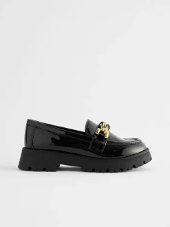 Black Patent Chunky Chain Loafer School Shoes