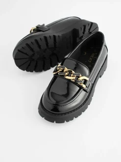 Black Patent Chunky Chain Loafer School Shoes