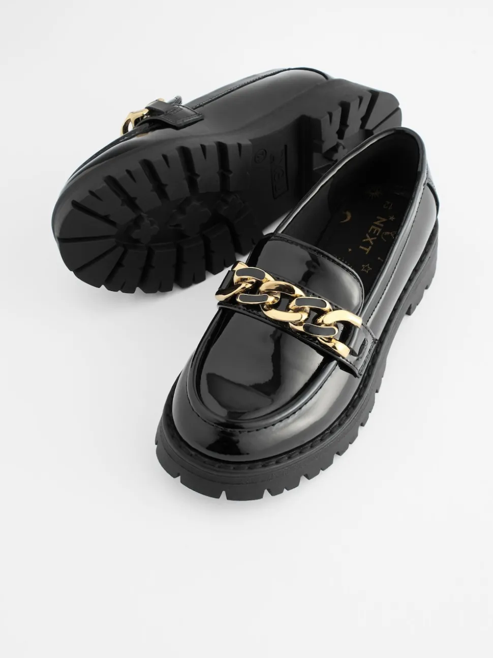 Black Patent Chunky Chain Loafer School Shoes