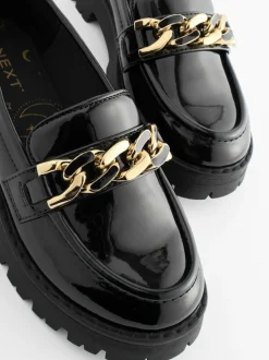 Black Patent Chunky Chain Loafer School Shoes