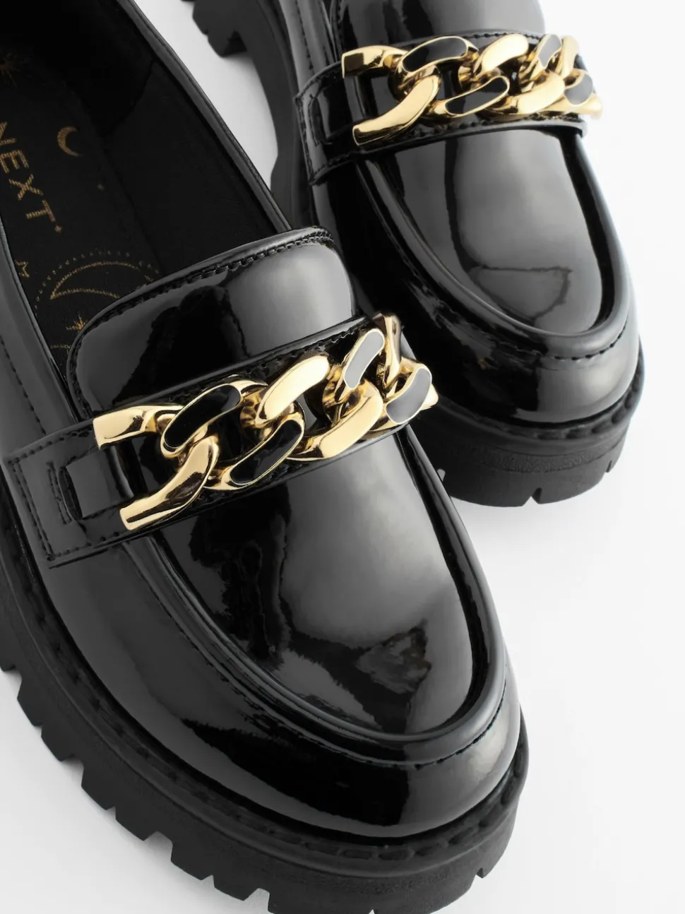 Black Patent Chunky Chain Loafer School Shoes