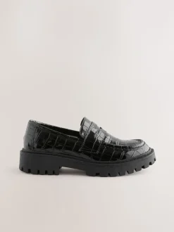 Black Patent Crocodile Effect School Loafers
