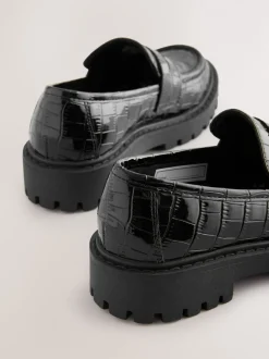 Black Patent Crocodile Effect School Loafers